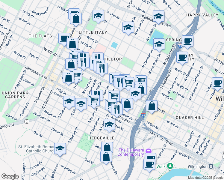 map of restaurants, bars, coffee shops, grocery stores, and more near 1323 West 3rd Street in Wilmington