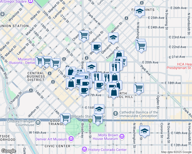 map of restaurants, bars, coffee shops, grocery stores, and more near 1845 Sherman Street in Denver