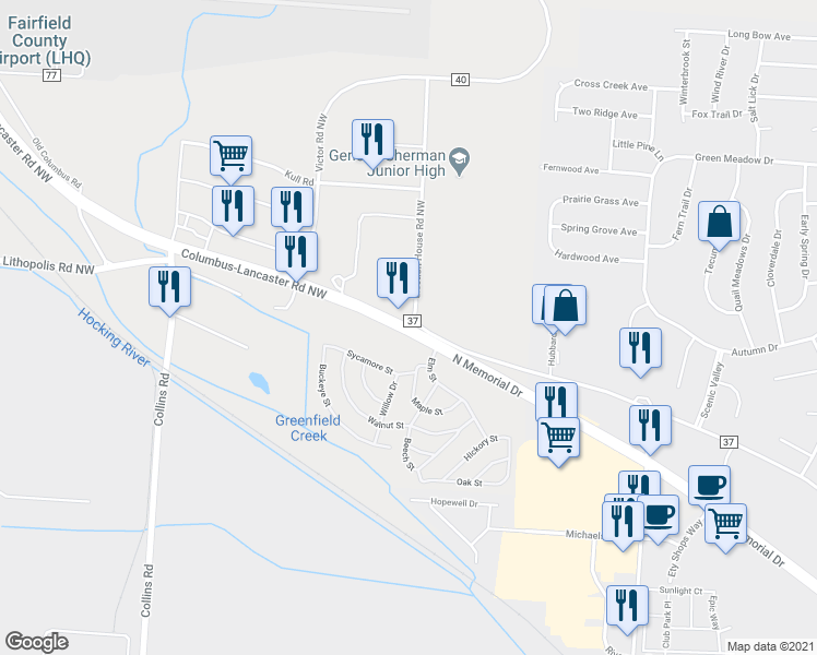 map of restaurants, bars, coffee shops, grocery stores, and more near 1778 Columbus-Lancaster Road Northwest in Lancaster
