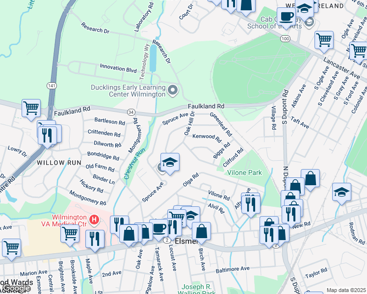 map of restaurants, bars, coffee shops, grocery stores, and more near 1414 Oak Hill Drive in Wilmington