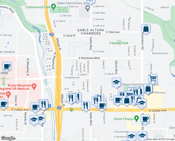 map of restaurants, bars, coffee shops, grocery stores, and more near 1837 Cimarron Street in Aurora