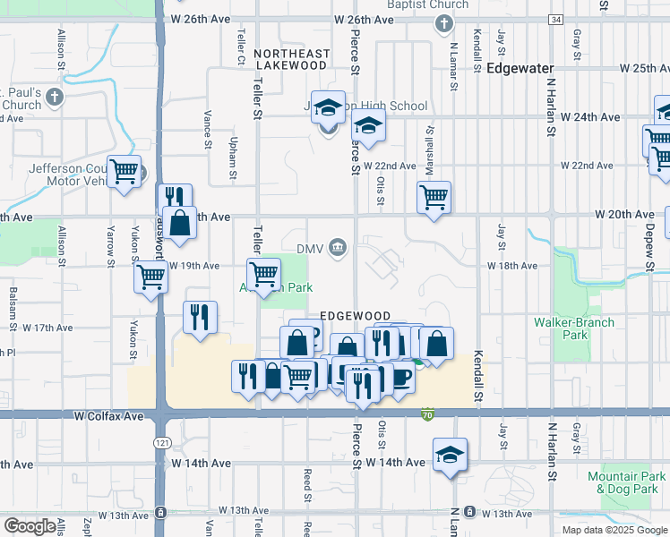 map of restaurants, bars, coffee shops, grocery stores, and more near 1881 Pierce Street in Lakewood