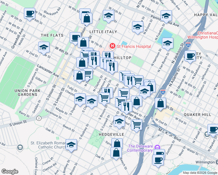 map of restaurants, bars, coffee shops, grocery stores, and more near 217 Fulton Street in Wilmington