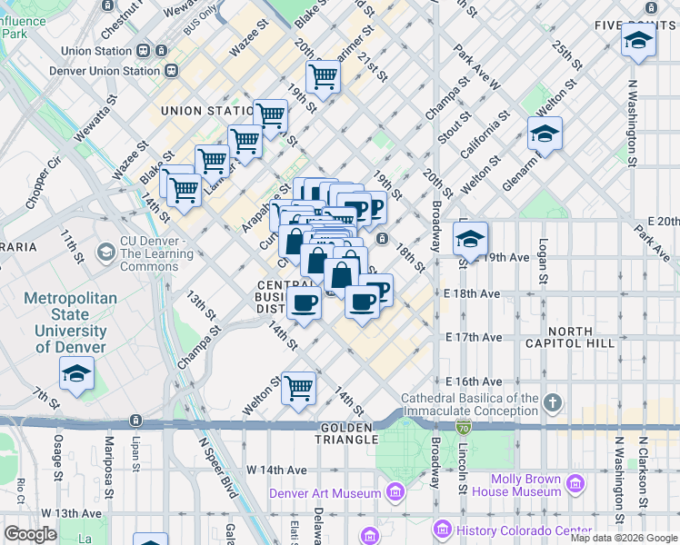 map of restaurants, bars, coffee shops, grocery stores, and more near 1617 California Street in Denver
