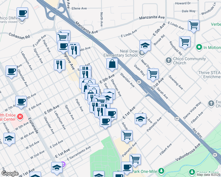 map of restaurants, bars, coffee shops, grocery stores, and more near 1340 Sunset Avenue in Chico