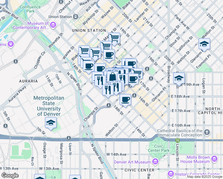 map of restaurants, bars, coffee shops, grocery stores, and more near 910 15th Street in Denver