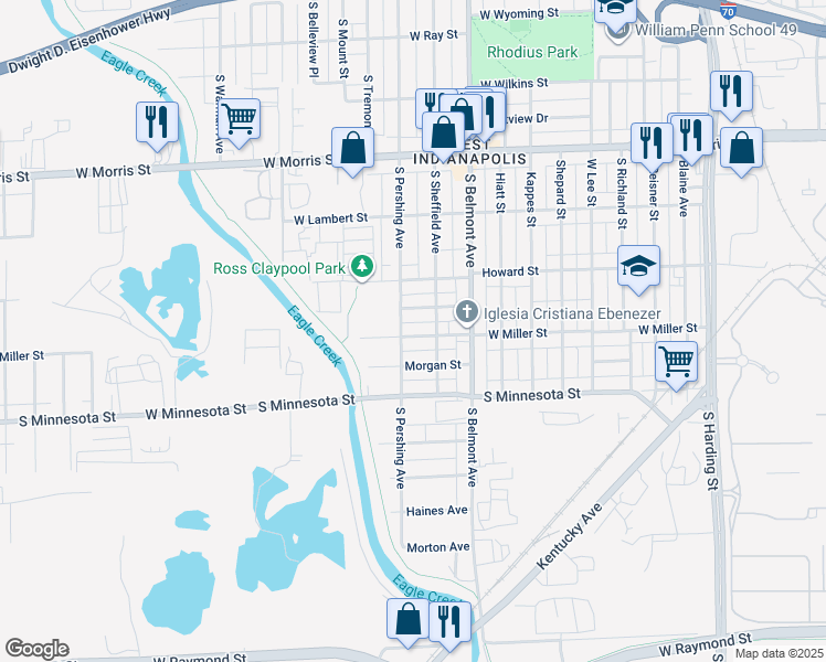 map of restaurants, bars, coffee shops, grocery stores, and more near 2230 Miller Street in Indianapolis