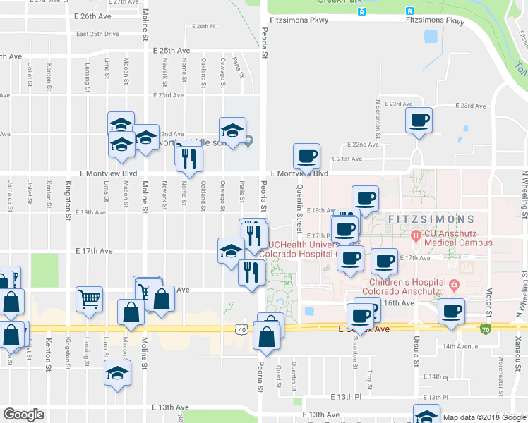 map of restaurants, bars, coffee shops, grocery stores, and more near 1900 Peoria Street in Aurora