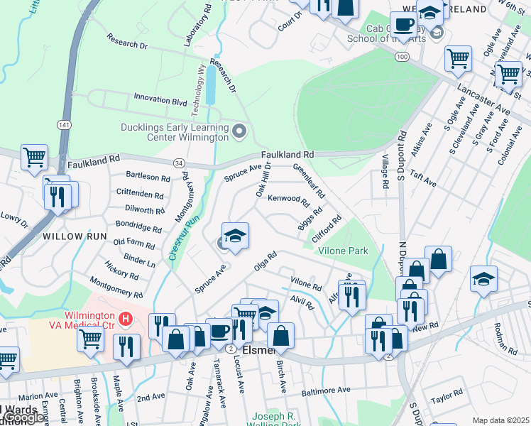 map of restaurants, bars, coffee shops, grocery stores, and more near 1414 Oak Hill Drive in Wilmington