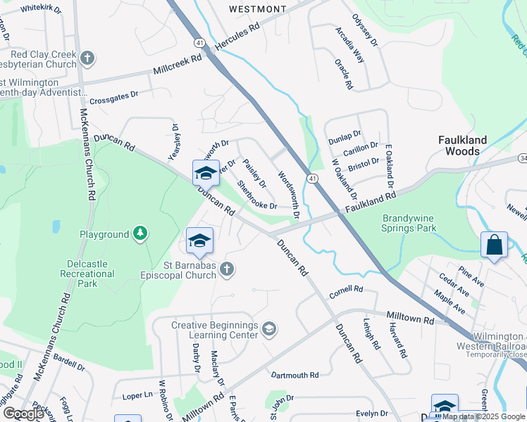 map of restaurants, bars, coffee shops, grocery stores, and more near 16 Sherbrooke Drive in Wilmington