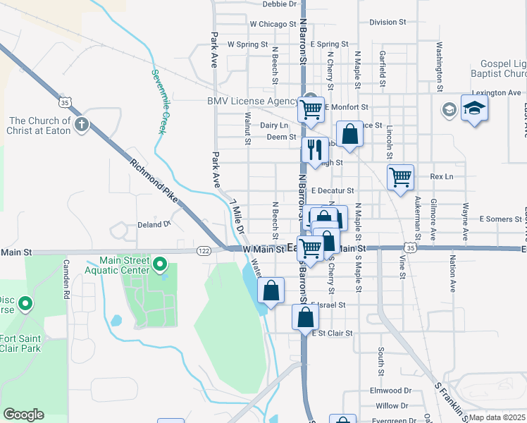 map of restaurants, bars, coffee shops, grocery stores, and more near 212 W Somers St in Eaton