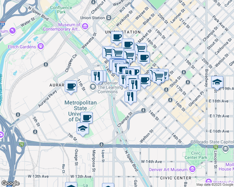 map of restaurants, bars, coffee shops, grocery stores, and more near 1334-1344 Lawrence Street in Denver