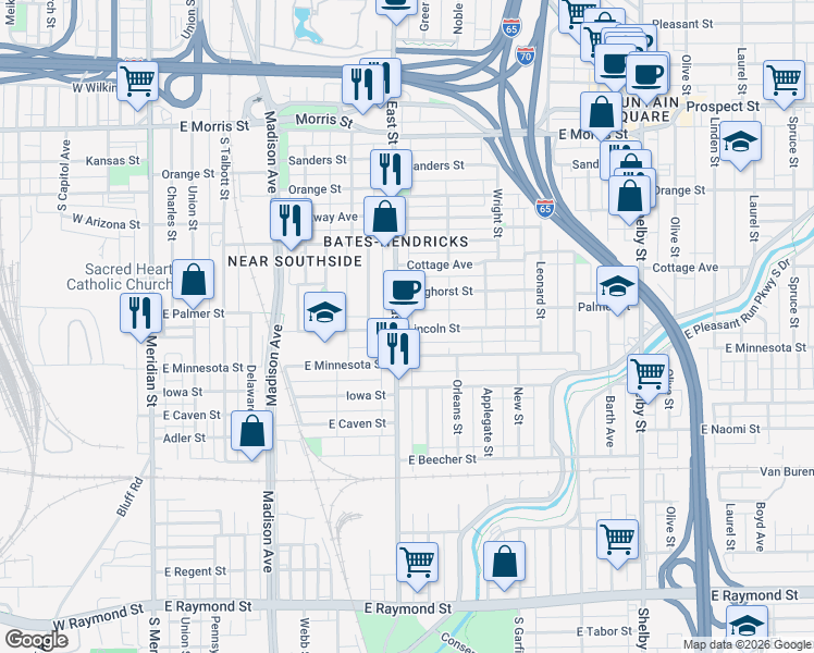 map of restaurants, bars, coffee shops, grocery stores, and more near 1602 South East Street in Indianapolis