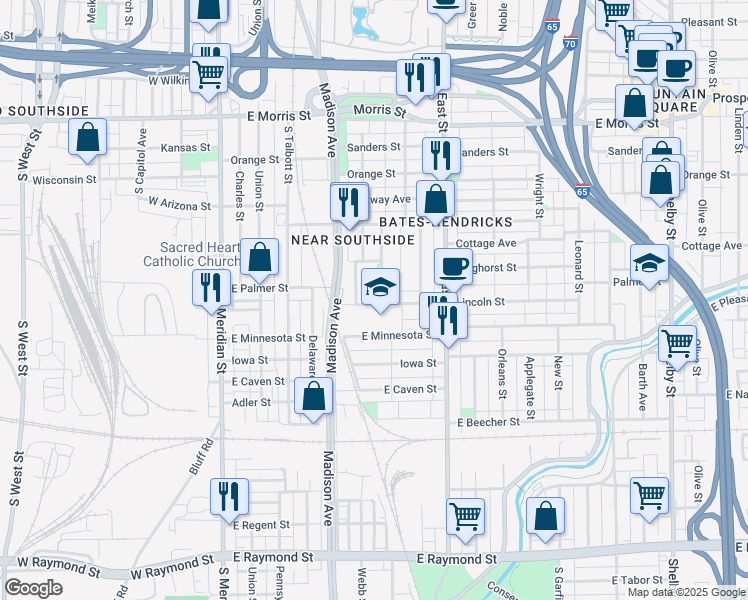 map of restaurants, bars, coffee shops, grocery stores, and more near 1548 South Alabama Street in Indianapolis