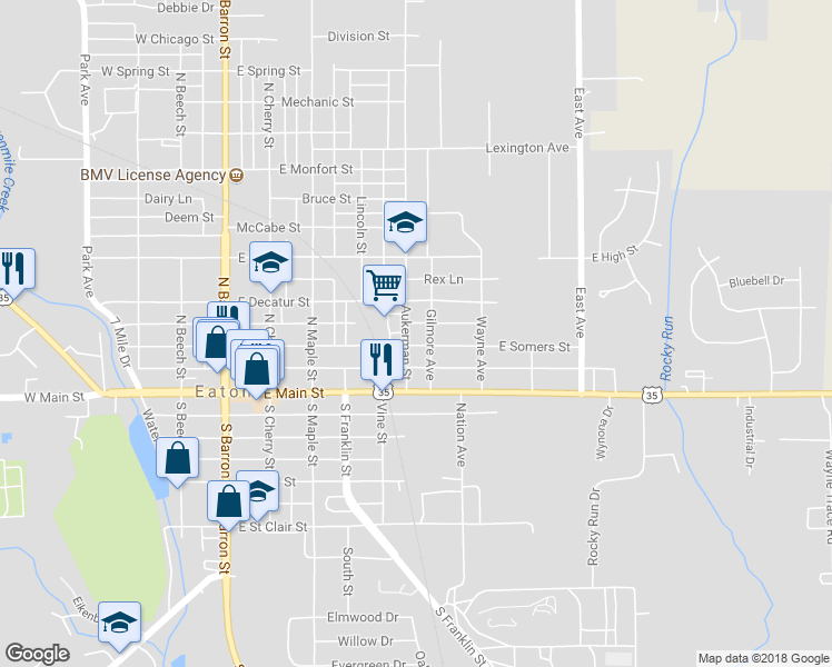 map of restaurants, bars, coffee shops, grocery stores, and more near 606 East Somers Street in Eaton
