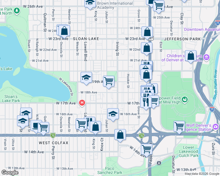 map of restaurants, bars, coffee shops, grocery stores, and more near 1802 Julian Street in Denver