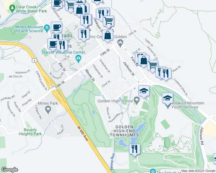 map of restaurants, bars, coffee shops, grocery stores, and more near 2214 Cheyenne St in Golden