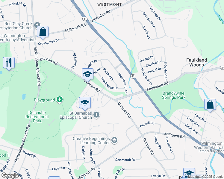 map of restaurants, bars, coffee shops, grocery stores, and more near 16 Sherbrooke Drive in Wilmington