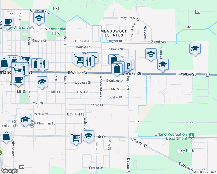 map of restaurants, bars, coffee shops, grocery stores, and more near 216 East Mill Street in Orland