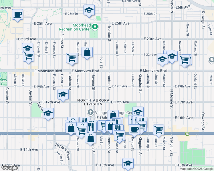 map of restaurants, bars, coffee shops, grocery stores, and more near 1791 Ironton Street in Aurora