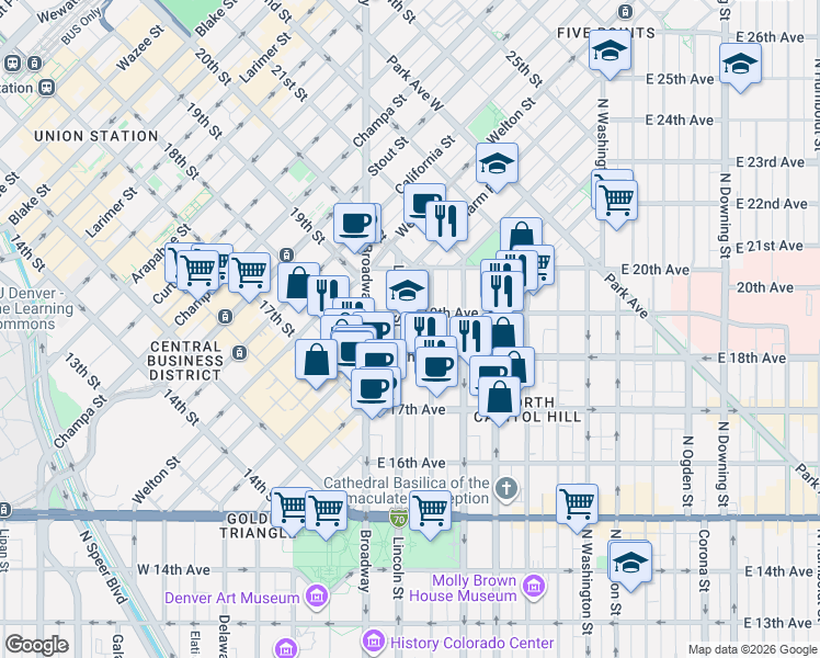 map of restaurants, bars, coffee shops, grocery stores, and more near 1860 Lincoln Street in Denver