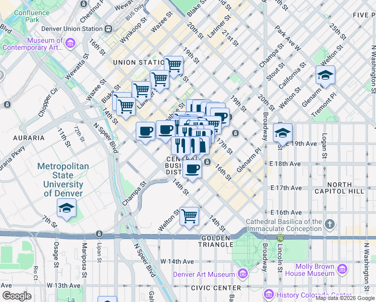 map of restaurants, bars, coffee shops, grocery stores, and more near in Denver