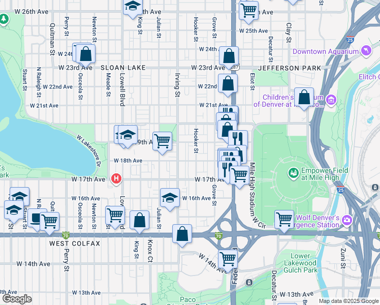 map of restaurants, bars, coffee shops, grocery stores, and more near 3215 West 18th Avenue in Denver