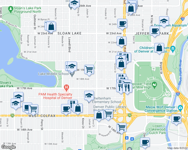 map of restaurants, bars, coffee shops, grocery stores, and more near 1817 Irving Street in Denver