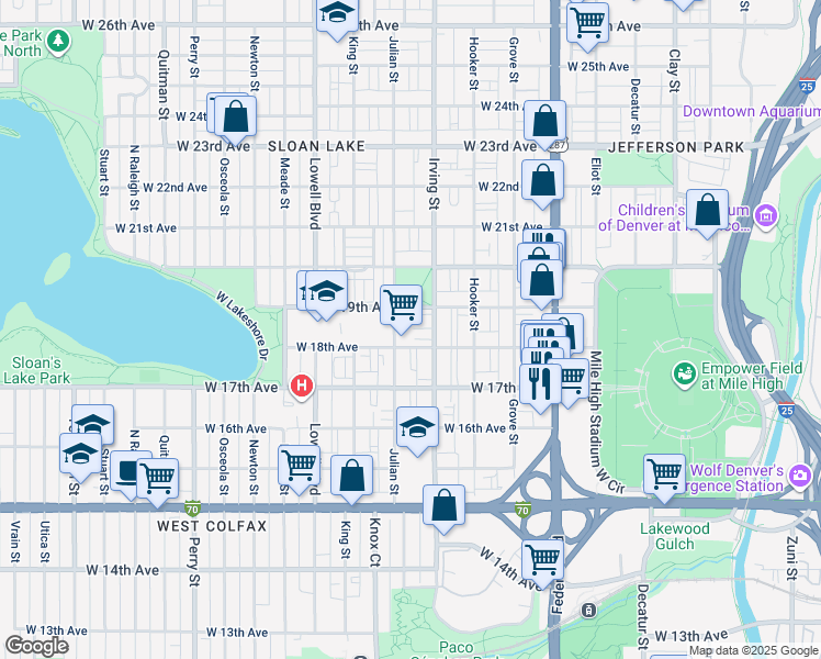map of restaurants, bars, coffee shops, grocery stores, and more near 1802 Julian Street in Denver