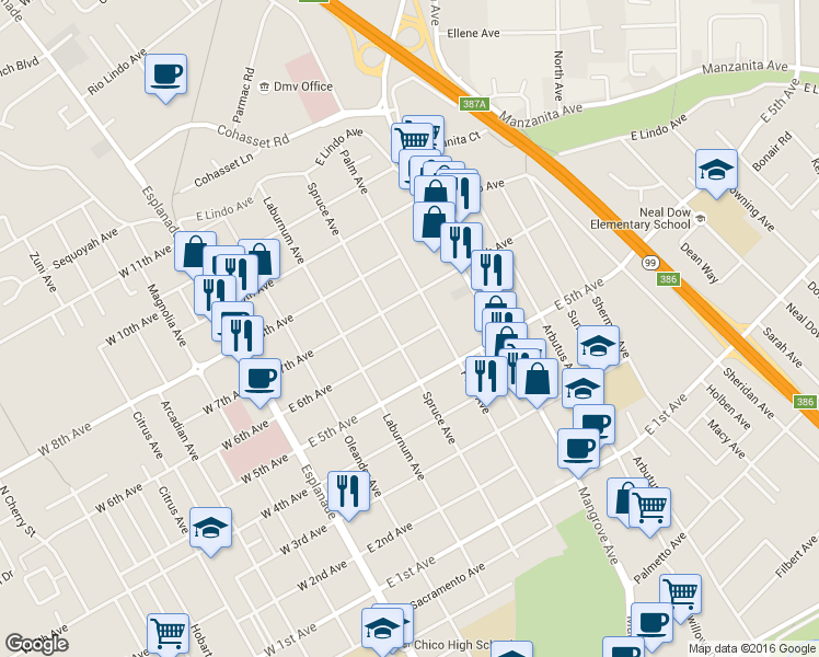 map of restaurants, bars, coffee shops, grocery stores, and more near in Chico