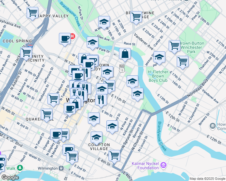 map of restaurants, bars, coffee shops, grocery stores, and more near in Wilmington