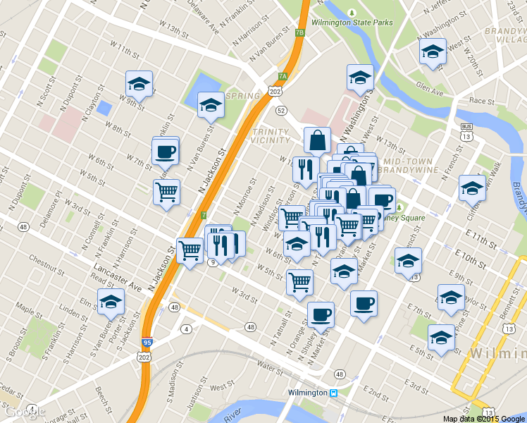 map of restaurants, bars, coffee shops, grocery stores, and more near 612 West 8th Street in Wilmington