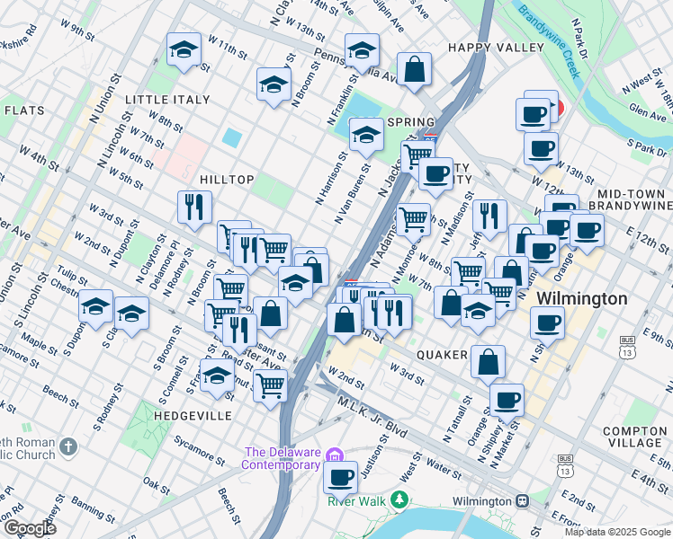 map of restaurants, bars, coffee shops, grocery stores, and more near 527 North Jackson Street in Wilmington