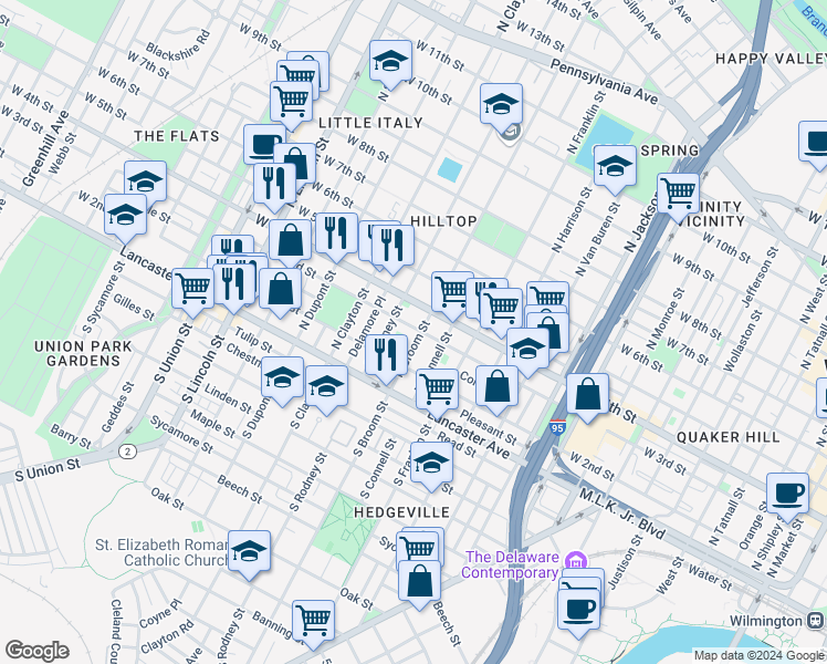 map of restaurants, bars, coffee shops, grocery stores, and more near 217 Fulton Street in Wilmington