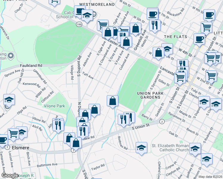 map of restaurants, bars, coffee shops, grocery stores, and more near 302 Colonial Avenue in Wilmington