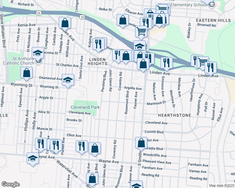 map of restaurants, bars, coffee shops, grocery stores, and more near 1532 John Glenn Road in Dayton