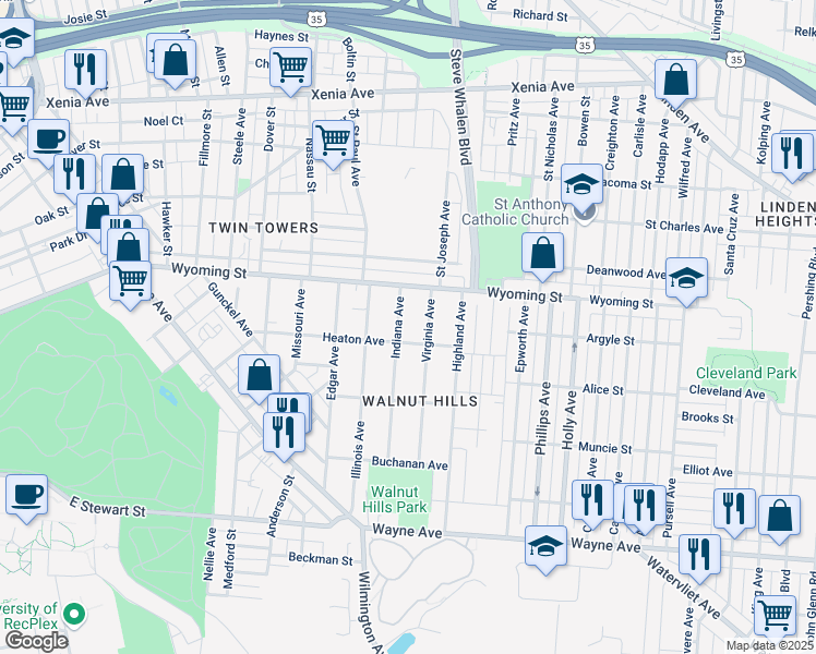 map of restaurants, bars, coffee shops, grocery stores, and more near 55 Virginia Avenue in Dayton