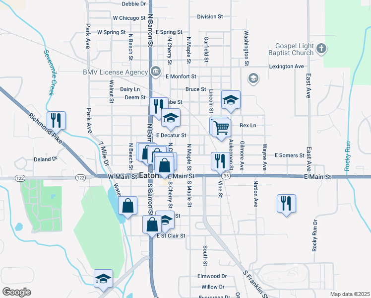 map of restaurants, bars, coffee shops, grocery stores, and more near 300 East Somers Street in Eaton