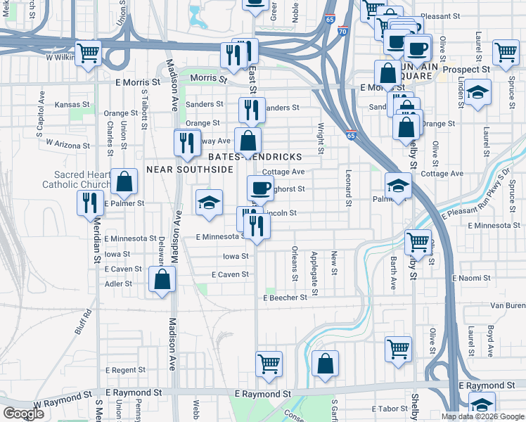 map of restaurants, bars, coffee shops, grocery stores, and more near 1602 South East Street in Indianapolis