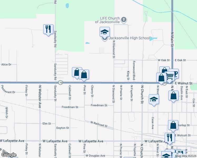 map of restaurants, bars, coffee shops, grocery stores, and more near 700-798 West Walnut Street in Jacksonville