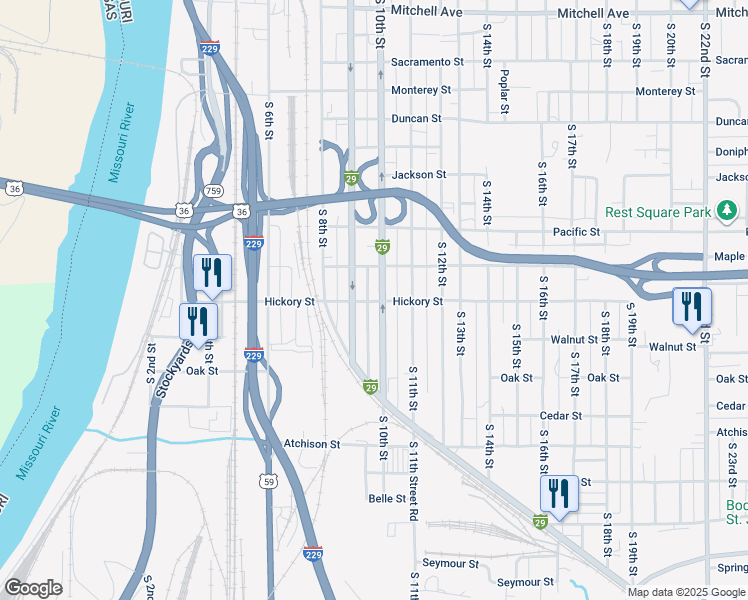 map of restaurants, bars, coffee shops, grocery stores, and more near 2301 Interstate 29 Business Loop in Saint Joseph