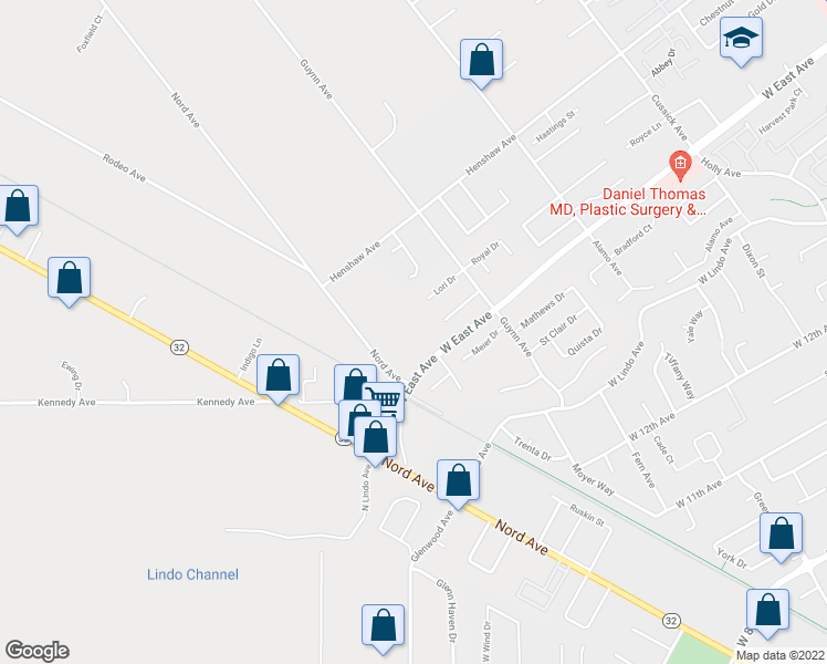 map of restaurants, bars, coffee shops, grocery stores, and more near 1110 West East Avenue in Chico