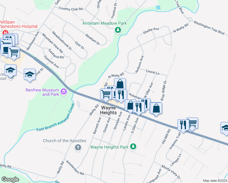 map of restaurants, bars, coffee shops, grocery stores, and more near 1517 East Main Street in Waynesboro
