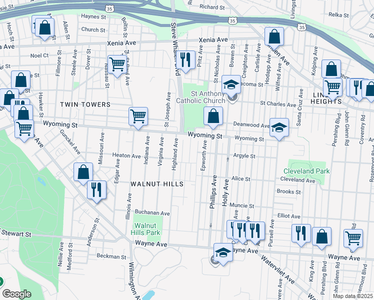 map of restaurants, bars, coffee shops, grocery stores, and more near 1039 Pritz Avenue in Dayton