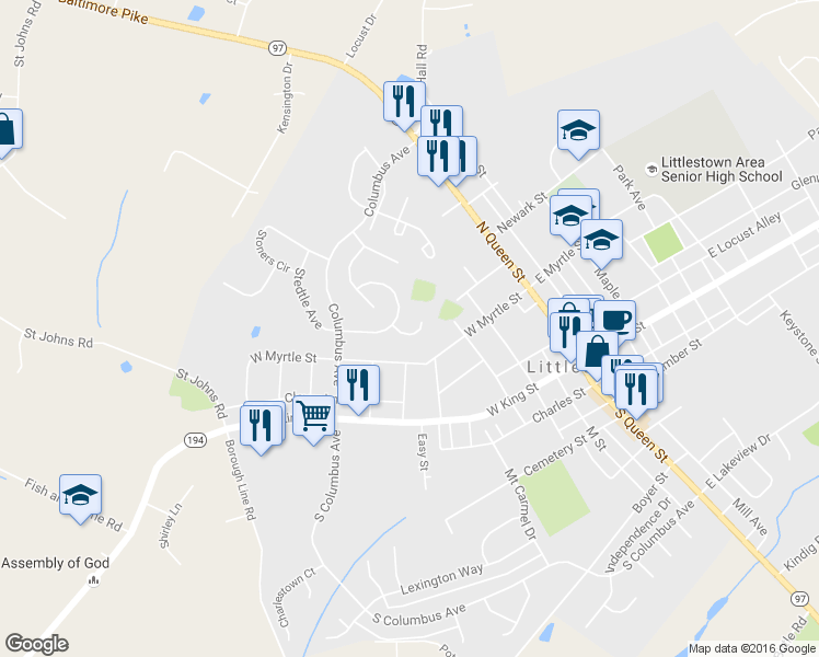 map of restaurants, bars, coffee shops, grocery stores, and more near 12 Smokehouse Court in Littlestown