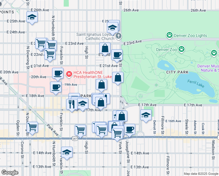 map of restaurants, bars, coffee shops, grocery stores, and more near 1855 North Gaylord Street in Denver