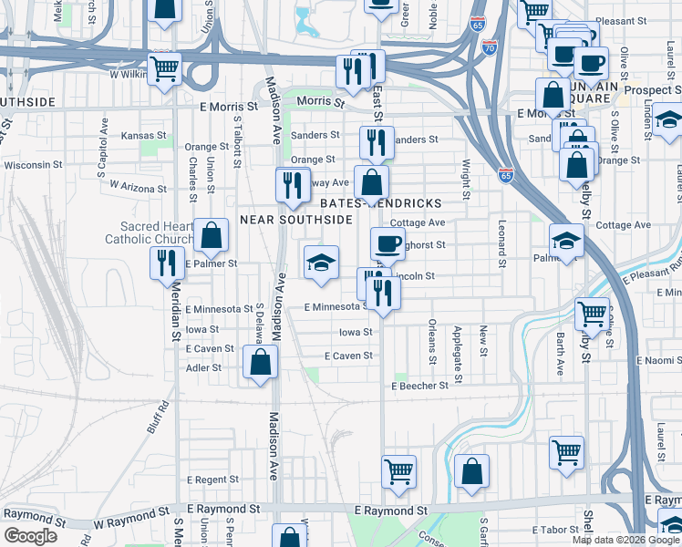 map of restaurants, bars, coffee shops, grocery stores, and more near 326 Lincoln Street in Indianapolis