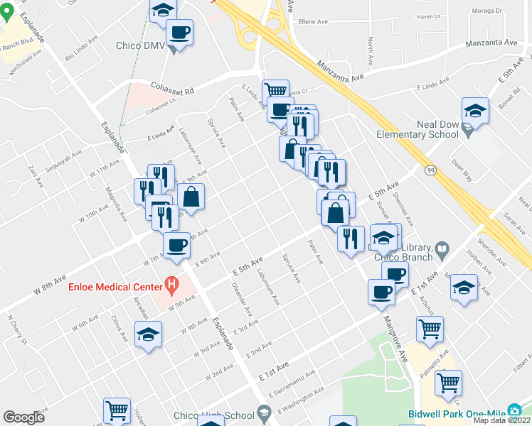 map of restaurants, bars, coffee shops, grocery stores, and more near 1618 Spruce Avenue in Chico