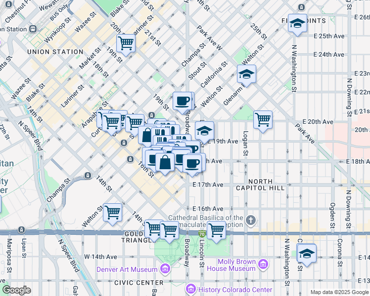 map of restaurants, bars, coffee shops, grocery stores, and more near in Denver
