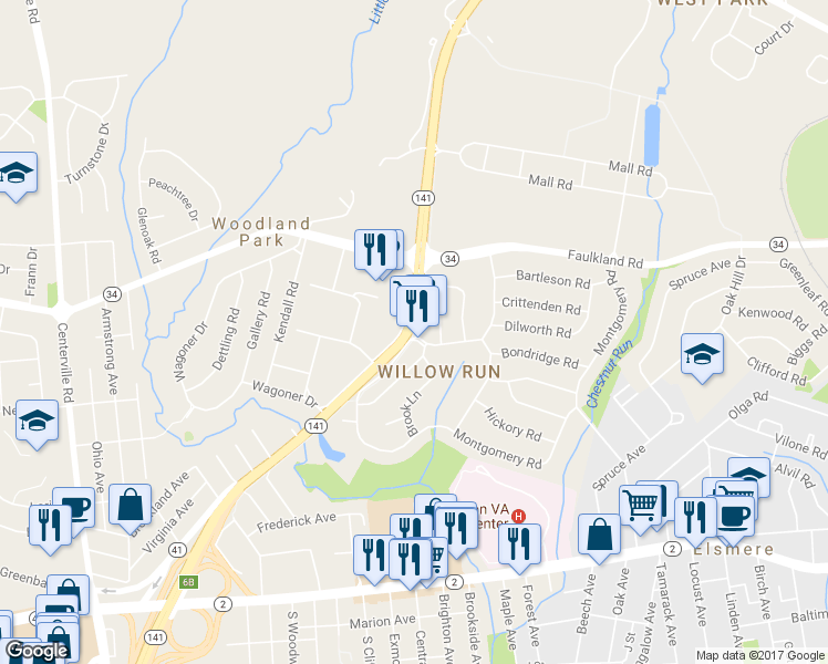 map of restaurants, bars, coffee shops, grocery stores, and more near 1722 W Gilpin Dr in Wilmington